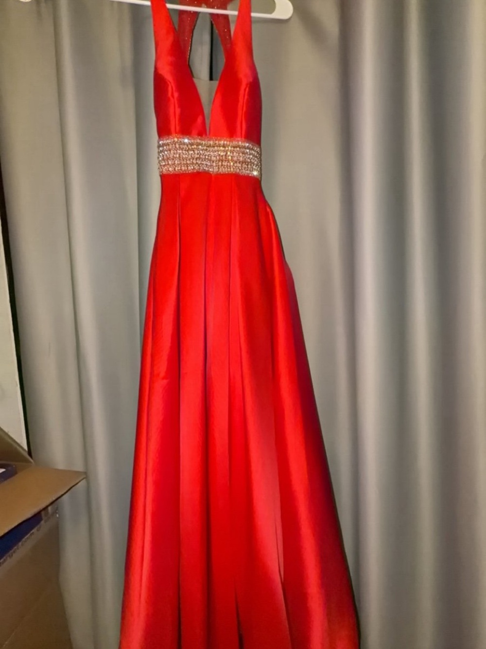 Camille La Vie Red Satin Prom Gown with Crystal Waistband